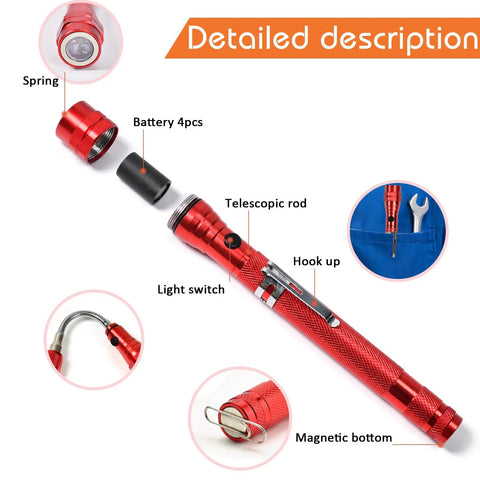 Magnetic Flashlight Pickup Tool With LED Telescoping Magnet Gadget in red showing components and features for DIY use.
