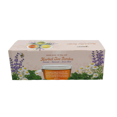 Herbal Tea Garden Starter Kit With Lavender Chamomile And Lemon Balm Seeds In 3 Square Tin Planters box packaging