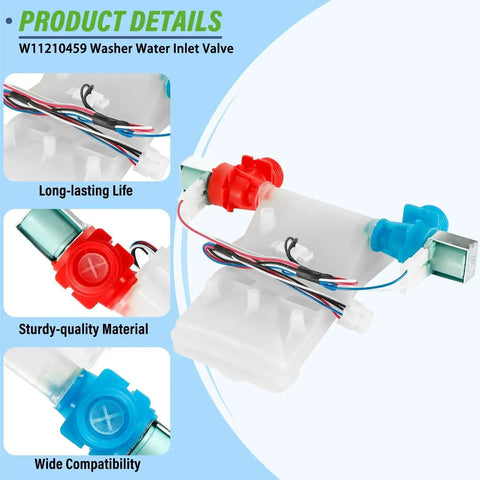 Heavy Duty Washer Water Inlet Valve Replacement That Fixes Leaks, Overfilling, Slow Fill, And Temperature Fluctuations For Popular Whirlpool Maytag Kenmore Amana Crosley Machines, Replaces W11210459 And AP6329217, shown with wiring and ports