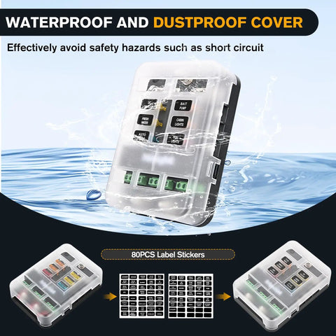 6 Way Fuse Relay Block With Acc Control Negative Bus 12V Blade Holder ATC ATO Box Waterproof Cover Panel, clear cover