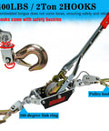 Heavy Duty 4400 Lbs Come Along Winch With 12.14 Ft Steel Cable And Dual Gear System, showing pulley hook and safety buckles.