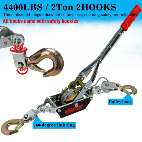 Heavy Duty 4400 Lbs Come Along Winch With 12.14 Ft Steel Cable And Dual Gear System, showing pulley hook and safety buckles.