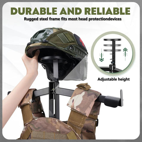 Heavy Duty Steel Tactical Gear Stand Holds Up To 100 Lbs Freestanding Display Rack, helmet placement, adjustable height feature