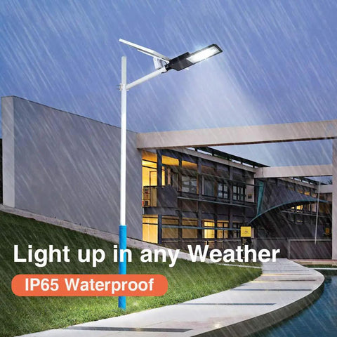 Beast Mode Bright 300W Solar Street Light With Remote Control illuminating in rain, mounted on pole outside modern building.