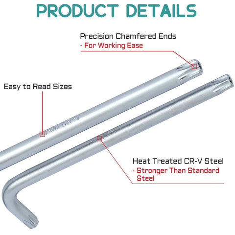 Beefy Industrial Grade Tamper Proof Torx Hex Key Set showcasing precision chamfered ends and easy-to-read sizes on CR-V steel.