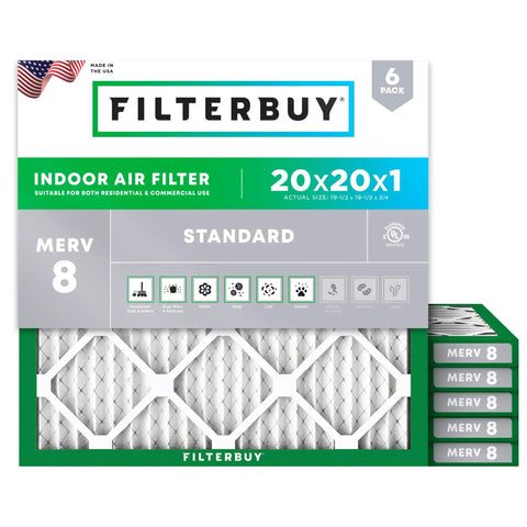 Six Pack 20x20x1 Air Filter MERV 8 Electrostatic Pleated HVAC Replacement box with filters visible