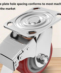 Heavy Duty Industrial Casters Set Of Four Swivel Rubber Wheels With One Touch Brakes Silent Rolling Design For Workshop Carts And Mobile Toolboxes. Close-up of the swivel caster's base plate and brake mechanism.