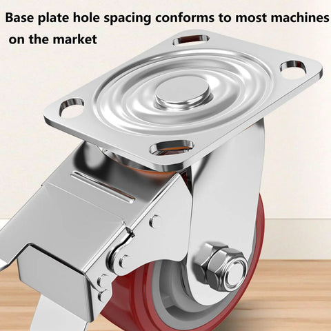 Heavy Duty Industrial Casters Set Of Four Swivel Rubber Wheels With One Touch Brakes Silent Rolling Design For Workshop Carts And Mobile Toolboxes. Close-up of the swivel caster's base plate and brake mechanism.