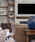 Living room with Peel and Stick Backsplash Tiles for Kitchen and RV, White Marble Look with Vintage Silver Embellished Stripes on wall