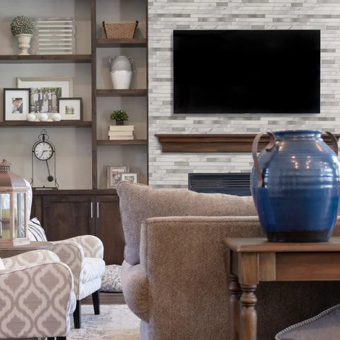 Living room with Peel and Stick Backsplash Tiles for Kitchen and RV, White Marble Look with Vintage Silver Embellished Stripes on wall