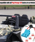 12 AWG Wire Harness Connector Replacement For Peg Perego 12V Ride On Vehicles With Fuse, shown with camo ride-on car.