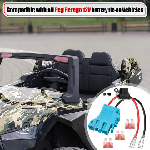 12 AWG Wire Harness Connector Replacement For Peg Perego 12V Ride On Vehicles With Fuse, shown with camo ride-on car.