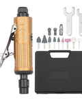 No-Nonsense Heavy-Duty Mini Air Die Grinder Kit with collets, wrenches, and ten grinding stones in a storage case.
