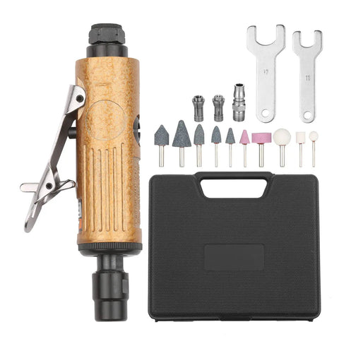 No-Nonsense Heavy-Duty Mini Air Die Grinder Kit with collets, wrenches, and ten grinding stones in a storage case.
