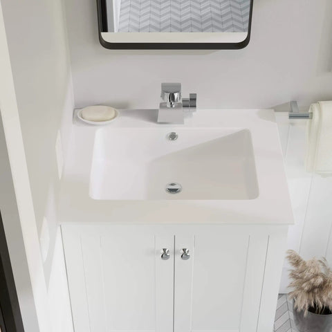 Voltaire Vanity Top Sink With Integrated Bowl Glossy White Ceramic Top Mount in bathroom setup
