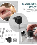 Must Have Pressure Cooker Float Valve Replacement Set With Stainless Steel And Plastic Parts For Air Tight Performance And Leak Free Cooking Upgrades, showing kit components.