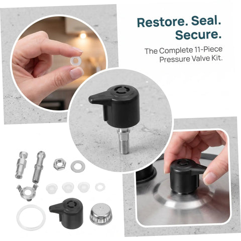 Must Have Pressure Cooker Float Valve Replacement Set With Stainless Steel And Plastic Parts For Air Tight Performance And Leak Free Cooking Upgrades, showing kit components.