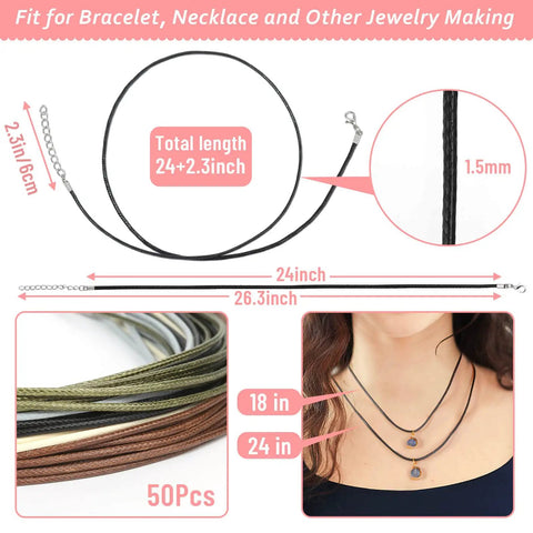 Fifty Pack Waxed Cotton Necklace Cords with Clasp 24 Inch Bulk, shown in different colors and worn for jewelry making projects.