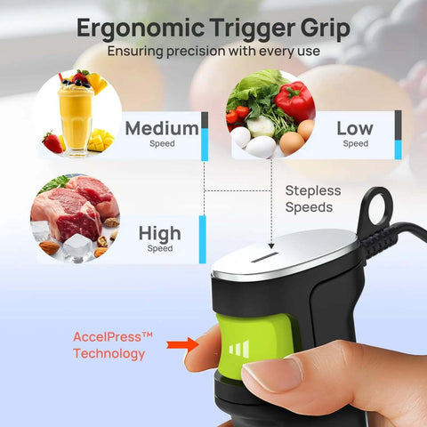 Ergonomic trigger grip of 4 In 1 Immersion Hand Blender Powered By A Beefy 1100W Motor With Precision Trigger Speed Control.