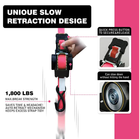 Heavy Duty Self Retracting Ratchet Straps 1 Inch By 13 Feet With Auto Rewind Tensioner Bolt On Brackets 1800 Pound Capacity No Sweat Cargo Tie Downs For Pickup Truck Haul Setup Four Pack Bundle