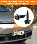 Heavy Duty License Plate Screws With Black Nylon Retaining Nuts 4 Pack, stainless steel screws shown on a car license plate.
