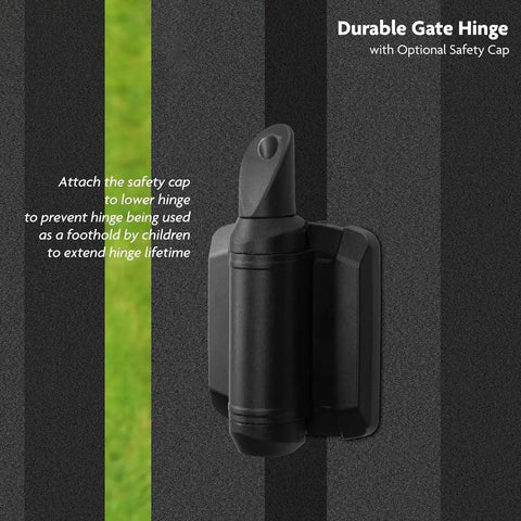 Heavy Duty Self Closing Gate Hinges 2 Pack With Adjustable Spring Tension and Safety Caps in weatherproof nylon and stainless steel.