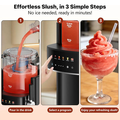 Super Chill Slushie Maker For Home With Rapid Freeze Ice Cream Cycle And Forty Ounce Basin In Matte Black Body showing three steps to make slush.