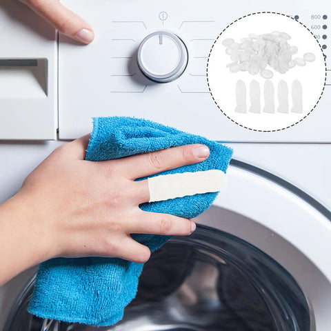 Top Shelf Antistatic Finger Cover Sleeves on hand cleaning a washer, showing 10 pack of protective gel sleeves for daily use.
