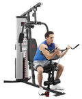 Man exercising on Multifunction Steel Home Gym System With 150 Pound Weight Stack For Full Body Strength Training At Home Beast Mode Ready.