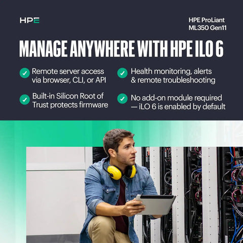 HPE ProLiant ML350 Gen11 with iLO 6 features for remote access and health monitoring, shown in a server room.
