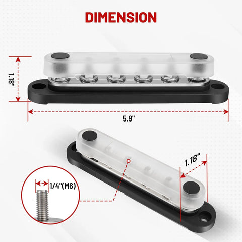 Heavy Duty 150 Amp 12V Bus Bar With Cover Rock Solid M6 Studs showing dimensions 5.9" x 1.18" for power distribution setup.