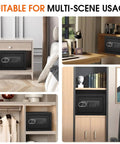 1.3 Cu Ft Small Fire Safe Box for Home with Electronic Keypad and Spare Keys showcased in different room settings