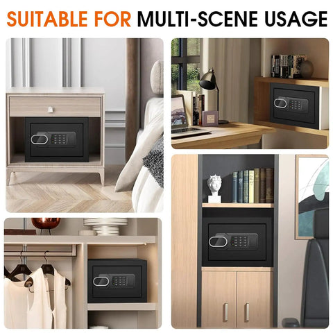 1.3 Cu Ft Small Fire Safe Box for Home with Electronic Keypad and Spare Keys showcased in different room settings