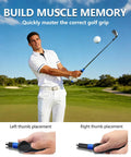 Golfer using Grip Trainer for golf to level up hand position and build muscle memory for a consistent swing, demonstrating thumb placement.