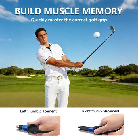 Golfer using Grip Trainer for golf to level up hand position and build muscle memory for a consistent swing, demonstrating thumb placement.
