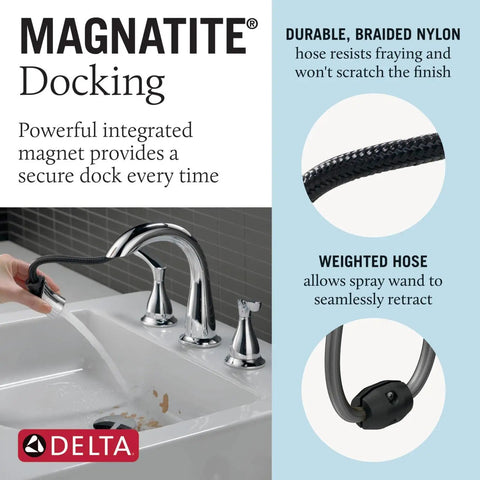 Broadmoor Chrome Bathroom Faucet With Sprayer showing MagnaTite Docking with durable braided nylon hose on a kitchen sink.