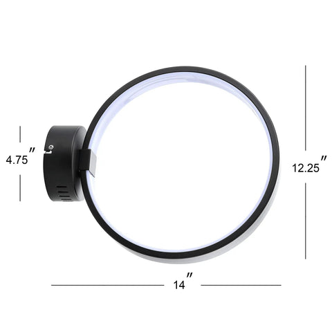12.25 Inch Black Dimmable Integrated LED Wall Sconce, minimalist halo lamp, side view with dimensions, suitable for modern interiors.