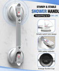 17 Inch Suction Bath Grab Bar for Showers Heavy Duty Safety Handle Supports Up to 300 Lbs White Tub Rail for Seniors and Elderly Non Slip Bath Assist Today, shown with lock design and safety indicator.