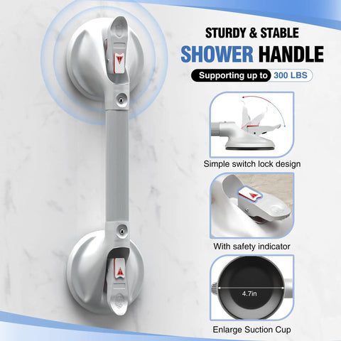 17 Inch Suction Bath Grab Bar for Showers Heavy Duty Safety Handle Supports Up to 300 Lbs White Tub Rail for Seniors and Elderly Non Slip Bath Assist Today, shown with lock design and safety indicator.