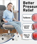 Woman sitting on an ergonomic office chair with pressure relief zones for tailbone, lower back, hips, and legs highlighted.