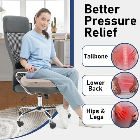 Woman sitting on an ergonomic office chair with pressure relief zones for tailbone, lower back, hips, and legs highlighted.