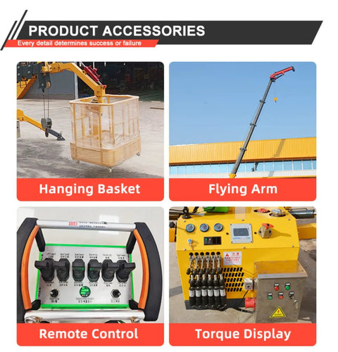 3 Ton Hydraulic Crawler Crane Portable Folding Electric Lifting Rig With No Sweat 360 Turn accessories including basket, arm, remote, and display.
