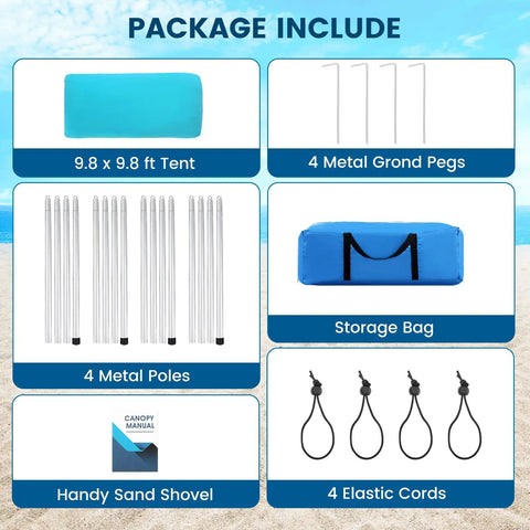 Package contents of 10 X 10 Ft Beach Canopy Sun Shelter With UPF50 Plus UV Protection, including tent, poles, pegs, bag, cords