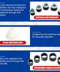Cam Bearing Removal and Installation Tool Set adapters, nylon centering cone, replacement rubber sleeves for 1-1/8 to 2-2/3 inch cam bearings