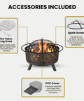 32 Inch Outdoor Wood Fire Pit With Screen, Poker, And Cover, features include log grate, spark screen, and PVC cover, black steel