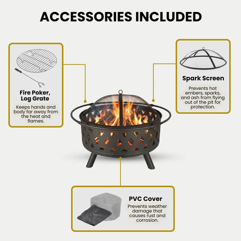32 Inch Outdoor Wood Fire Pit With Screen, Poker, And Cover, features include log grate, spark screen, and PVC cover, black steel