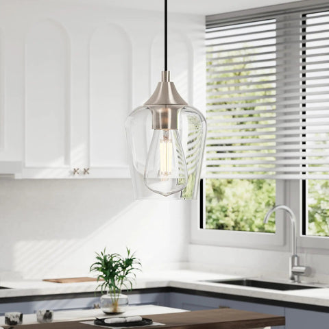 Brushed Nickel Pendant Light For Kitchen Island With Adjustable Height And Clear Glass Shade Modern Hanging Pendant Lighting For Kitchen Hallway And Bedroom Sleek Dope Look For Any Space over a modern kitchen counter