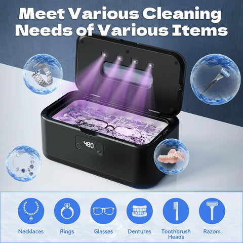 Hella Fresh Ultrasonic Jewelry Cleaner With Smooth 50 Khz Uv Tech 24 Oz Stainless Tank Digital Timer Gives Tight Results For Rings Glasses Watches Dentures Daily in use with glasses and jewelry.