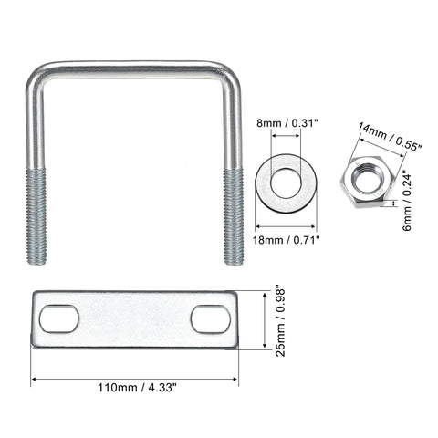 Heavy Duty Square U Bolts Kit With M8 Nuts, Frame Plate, Round Washer for 82mm inner width, detailed dimensions shown.
