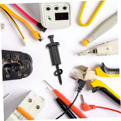 Assorted electrical tools and a digital multimeter on a white background